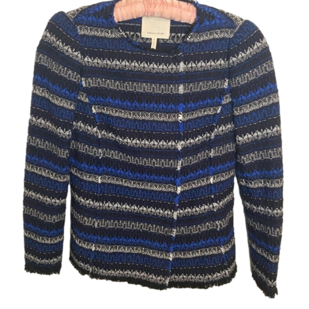 REBECCA TAYLOR Size 8 Blue & Back Tweed Cotton Blend Jacket